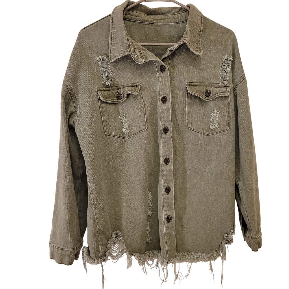 SHEIN Distressed Denim Jacket Olive Green Button Front Long Sleeve Casual Size L